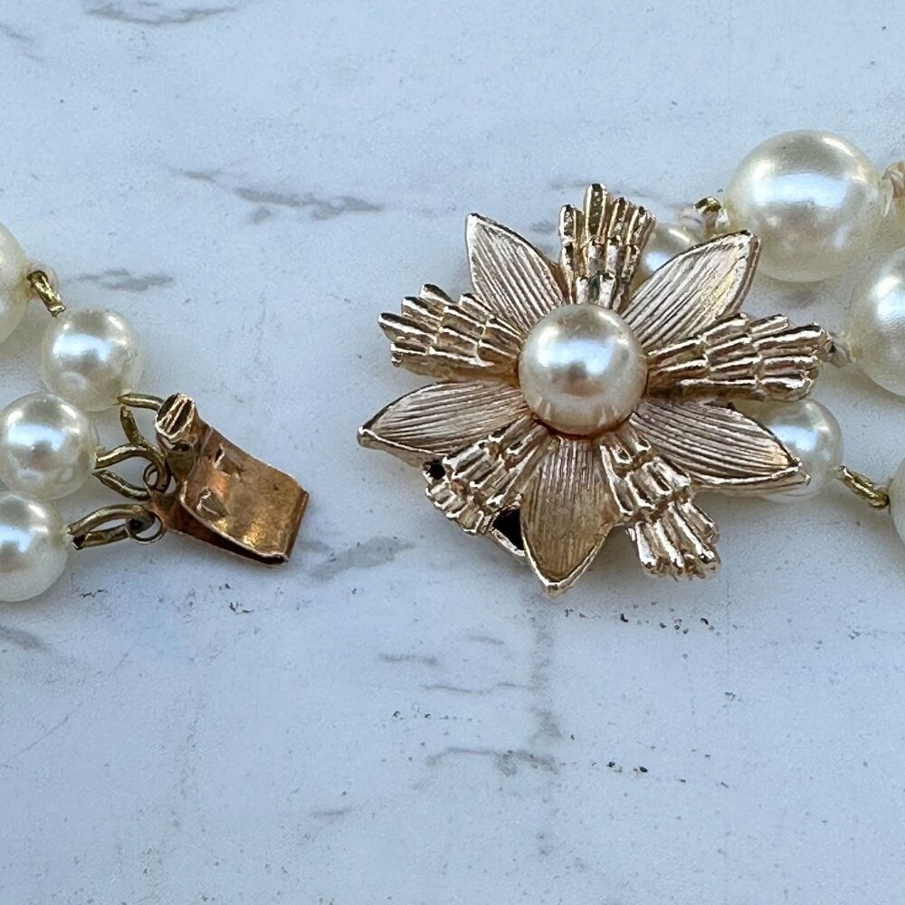 Faux Pearl Triple Strand Necklace With Gold Flower Clasp, Bridal Jewerlry, Gift - Picture 9 of 13